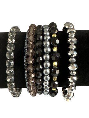 Eclectic Lot Of 3 Bead Stretch Bracelets Stackable Boho Silver Black